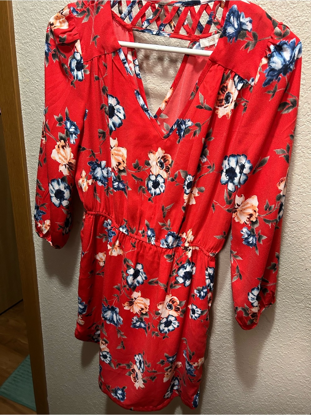 Skies Are Blue Red Floral Midi Dress with Lattice Back